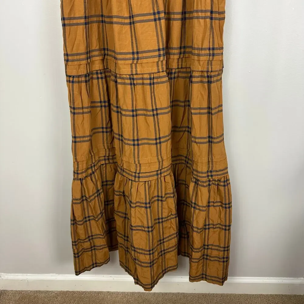Maeve by Anthropologie Sumerset Camel Plaid Tiered Maxi Dress M Prairie Fall - Picture 9 of 16